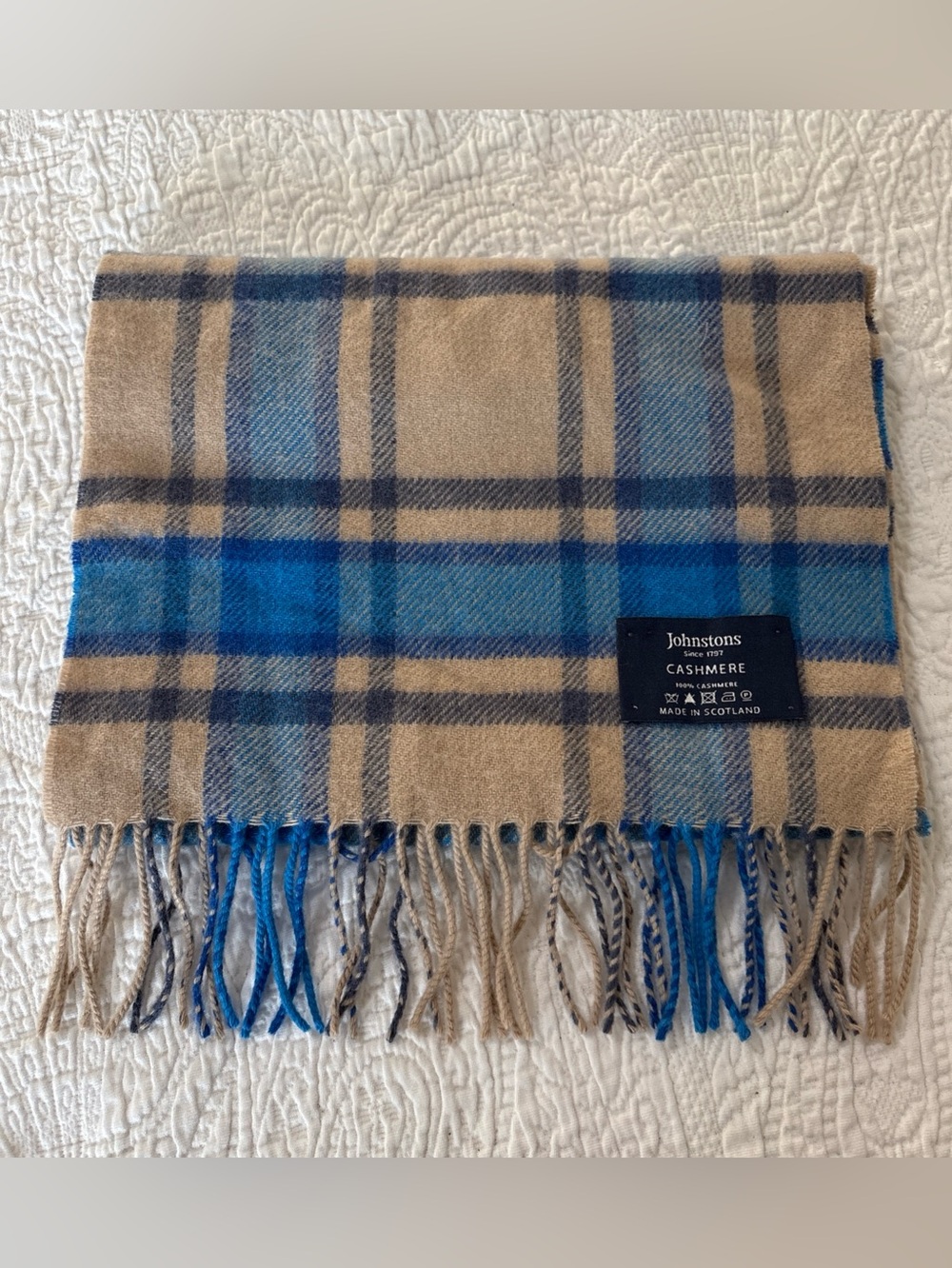Beige & Blue Plaid Cashmere Scarf Made In Scotland From Johnstons 10” X 62”